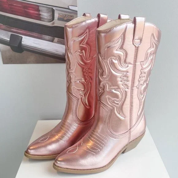 NEW🔥 Metallic Pink Embroidered Cowboy Cowgirl Western Mid-Calf Boots Block Heel - Picture 3 of 6